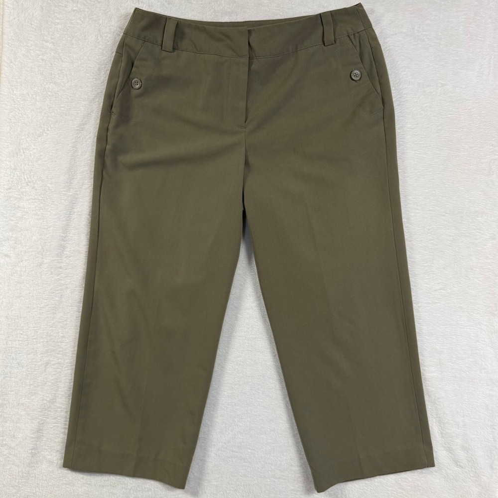 Sandro 12 Olive Green Cropped Trouser Pants Button Waist Utility Professional